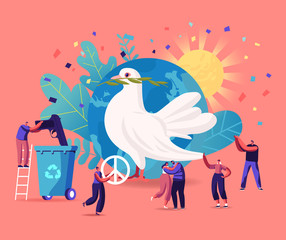 International Day of Peace Concept. Tiny Male and Female Characters Hugging, Throw Out Gun to Litter Bin around of Earth Globe and Huge Dove Carrying Leaf Branch. Cartoon People Vector Illustration
