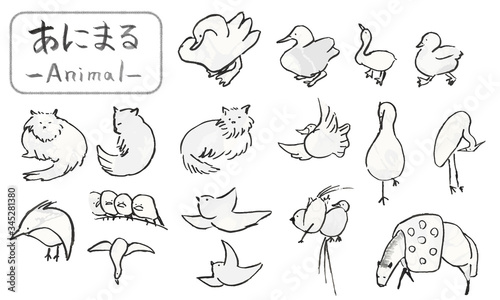 筆で描いた手描きの鳥や猫 可愛い動物イラスト Aged Wall Mural Ag 佑香 林