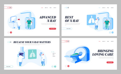 Tomography Mri Scanning Procedure Landing Page Template Set. Doctors Characters Look at Results of Patient Body Scan. Man in Magnetic Resonance Imaging Machine. Cartoon People Vector Illustration