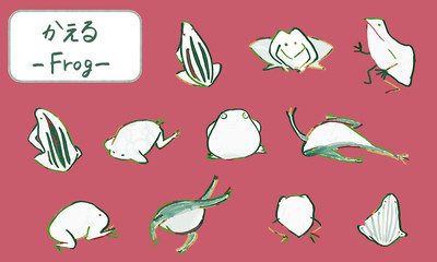 筆で描いた手描きのカエルたち、可愛い動物イラスト