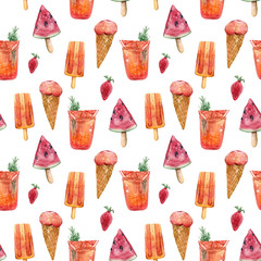 Seamless pattern with watermelon, ice cream, fresh. Colorful watercolor hand painted clipart on white background. 
Tropical fruits illustration. Fruit fabric print, wrapping paper, packaging.