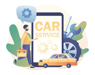 Car service and repair app. Auto service concept. Tiny Repairman, Mechanics characters in uniform with tools and tire. Modern flat cartoon style. Vector illustration on white background