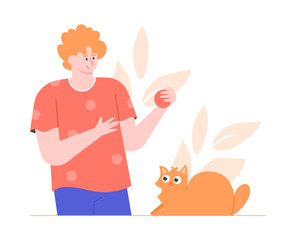 Man with a ball and a ginger cat. Game with a cute fluffy pet. Vector flat illustration.