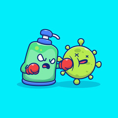 Disinfectant Fight Corona Virus Vector Icon Illustration. Corona Mascot Cartoon Character. Virus Icon Concept Isolated. Flat Cartoon Style Suitable for Web Landing Page, Banner, Flyer, Sticker, Card