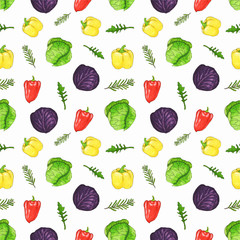 Hand drawn watercolor illustration set of vegetables with paint splashes.