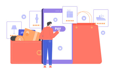 Online payment from a smartphone. A male character next to the phone and the Pay button, a wallet with bank cards and a shopping bag. Vector flat illustration.