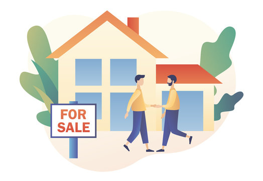 Real estate business concept with houses. House for sale. Tiny real estate agent or broker shaking hands with people buying house. Modern flat cartoon style. Vector illustration on white background