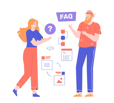 Consultation with a professional. A student girl asks the teacher a programming question. Education and mentoring. Vector flat illustration.