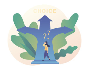 Tiny girl choosing of way. Make your choice. Metaphor alternatives or opportunities, life dilemma, decision making. Modern flat cartoon style. Vector illustration on white background