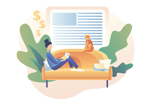 Tiny Girl Freelancer Work In Comfortable Conditions Sitting On Couch. Freelance Work Concept. Home Working Space. Modern Flat Cartoon Style. Vector Illustration On White Background