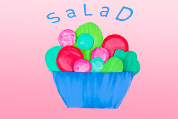 Plate with vegetables salad made from paper (tomato, greens, radish) on pink background. Food art and creative concept. DIY and children's creativity. Healthy eating and vegetarian food. Сopy space