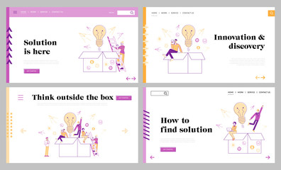 Fototapeta na wymiar Thinking Outside, Innovations Landing Page Template Set. Characters Stand front of Huge Open Carton Box Watching on Paper Airplanes Flying Outside. Woman Climbing by Ladder. Linear Vector Illustration
