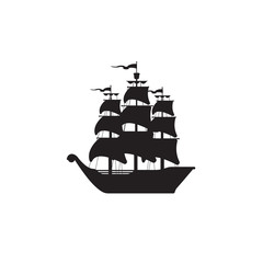 Frigate vector silhouette. Vintage ship with sails. Sailing ship illustration. Navy silhouette of the ship