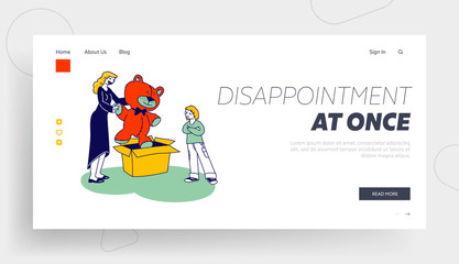 Obraz na płótnie Canvas Unsatisfied Kid and Mother Disappointment with Present Landing Page Template. Disappointed Child with on Soft Bear Female Character Take Out of Carton Box. Bad Gift. Linear People Vector Illustration