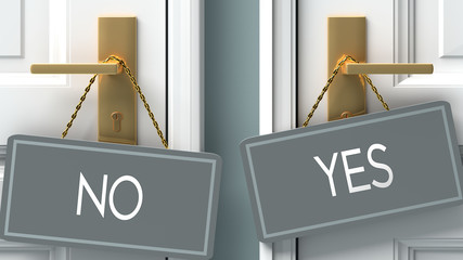 yes or no as a choice in life - pictured as words no, yes on doors to show that no and yes are different options to choose from, 3d illustration