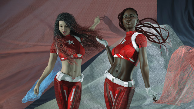 Realistic 3D render illustration of two young stylish multiracial women in uniform playfully posing against the background of multi-colored fabric canvases