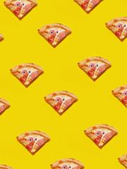 Slices of pizza on yellow background. Food pattern.