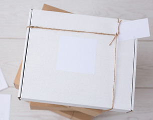Many boxes with space for advertisement delivered from online store. Internet shopping and delivery...