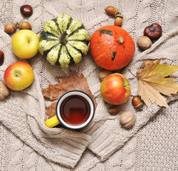 Autumn flat lay background. Pumpkins, apples, nuts, leaves, cups and sweater on wooden background.