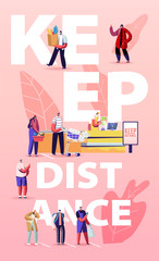 Keep Distance Concept. Customers Characters in Medical Masks Stand in Line at Grocery with Goods in Shopping Trolley during Covid19 Pandemic Poster Banner Flyer. Cartoon People Vector Illustration