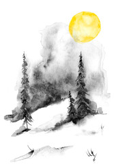 Watercolor art illustration. Drawing of the forest, pine tree, spruce, cedar. Dark, dense forest, suburban landscape. Postcard, logo, card. Misty forest, haze. Watercolor card, invitation. Sunset, sun