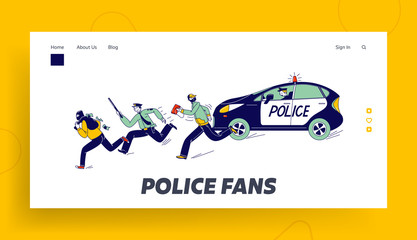 Policemen Pursuit Robber on Duty Landing Page Template. Police Officer Characters at Catching Up Thieves in Mask to Arrest. Patrol Constables Fight with Criminals. Linear People Vector Illustration