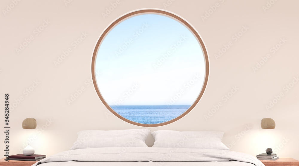 Aufkleber view of modern bedroom with circle window and minimal wood lamp on sea background. white room with m