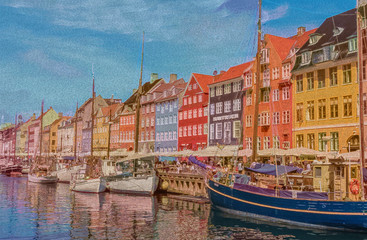 Colorful Houses along a boat dock or harbor. Nyhavn waterfront district in Copenhagen Denmark illustration. Editable Clip Art