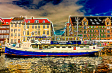 Colorful Houses along a boat dock or harbor. Nyhavn waterfront district in Copenhagen Denmark illustration. Editable Clip Art