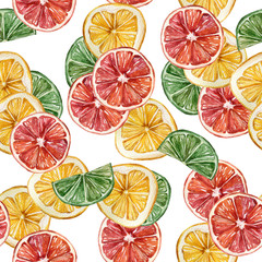 Seamless pattern with citrus slices- lemon, grapefruit, lime. Colorful watercolor hand painted clipart on white background. 
Tropical fruits illustration. Fabric print, wrapping paper, packaging.