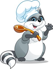 Raccoon cook. Character with a spoon. Cute image of the animal.