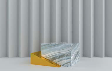 abstract geometric shape group set, grey studio background, golden ramp, marble pedestal, 3d rendering, scene with geometrical forms, paper in the form of a zigzag, fashion minimalistic scene, simple