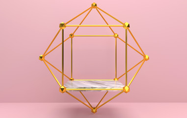 Fototapeta na wymiar abstract geometric shape group set, pink studio background, golden cage, 3d rendering, scene with geometrical forms, square pedestal inside the gold frame, fashion minimalistic scene, simple clean
