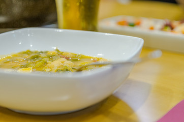 Home-cooked meal. Bean stew with cold beer.