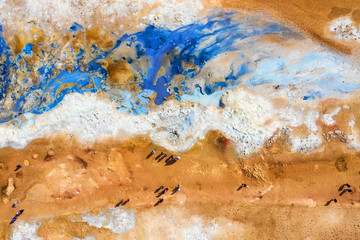 People near geyser in the Iceland. Aerial landscape above geyser. Icelandic landscape from air. Famous place. Travel - image