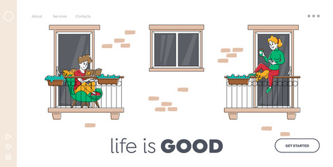 Covid19 Quarantine Lockdown Landing Page Template. Female Characters Sitting on House Balcony Reading Book and Drinking Coffee during Isolation. Virus Spreading Prevention. Linear Vector Illustration