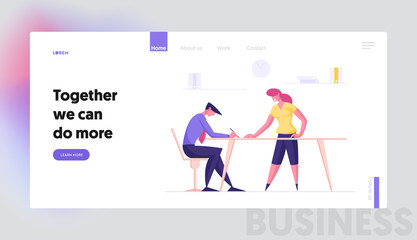 Landing Page Template. Office Employees Characters Creative Team Discuss Problems. Business People Working Together in Company. Woman Help to Man, Teamwork and Support. Cartoon Vector Illustration