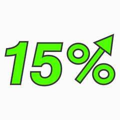 The green figure is 15 percent increase. Price increase icon.  Sales. Profit growth. Increase revolutions. The increase in interest in the bank. Quality improvement. Icon of internet shops