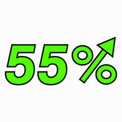The green figure is 55 percent increase. Price increase icon.  Sales. Profit growth. Increase revolutions. The increase in interest in the bank. Quality improvement. Icon of internet shops.