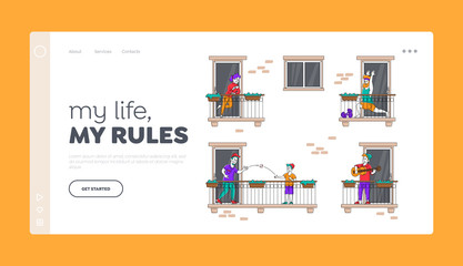 Naklejka na ściany i meble Stay Home Landing Page Template. People Characters on Balconies during Coronavirus Pandemic Isolation Quarantine. Neighbors in Apartments Exercising, Play Guitar, Relax. Linear Vector Illustration