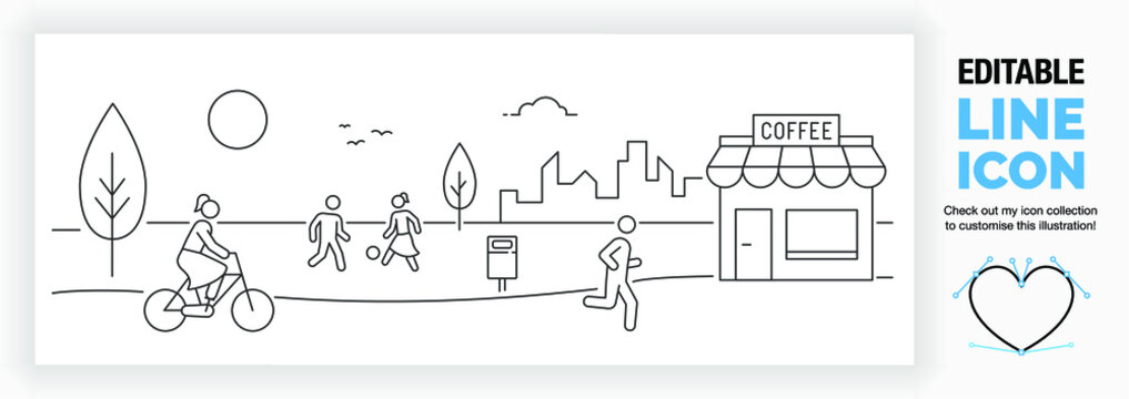 Editable line illustration of city and park life, customise it with out huge editable illustration set!