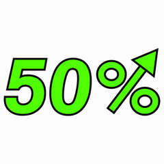 The green figure is 50 percent increase. Price increase icon.  Sales. Profit growth. Increase revolutions. The increase in interest in the bank. Quality improvement. Icon of internet shops.