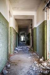Long corridor of ruined abandoned house