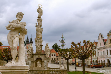 Fototapeta premium TELC, CZECH REPUBLIC On 4 May 2019. View on the Telc town square with renaissance and baroque colorful houses. Zakhariash Square. In the center of the square stands the Marian column. Plague pillar