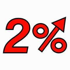 The red figure is 2  percent increase. Price increase icon.  Sales. Profit growth. Increase revolutions. The increase in interest in the bank. Quality improvement. Icon of internet shops.