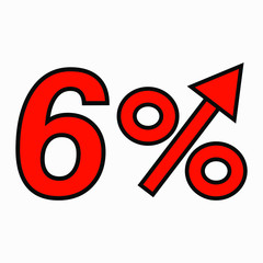 The red figure is 6  percent increase. Price increase icon.  Sales. Profit growth. Increase revolutions. The increase in interest in the bank. Quality improvement. Icon of internet shops.
