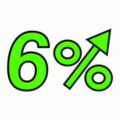 The green figure is 6  percent increase. Price increase icon.  Sales. Profit growth. Increase revolutions. The increase in interest in the bank. Quality improvement. Icon of internet shops. Vector