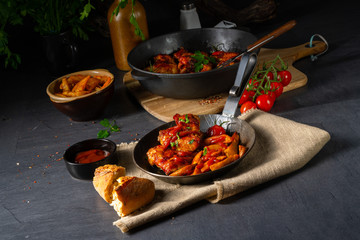 Rustic chicken wings in honey with potato wedges