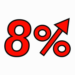 The red figure is 8  percent increase. Price increase icon.  Sales. Profit growth. Increase revolutions. The increase in interest in the bank. Quality improvement. Icon of internet shops.