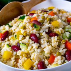bulgur kaszotto with fresh vegetables and kidney bean